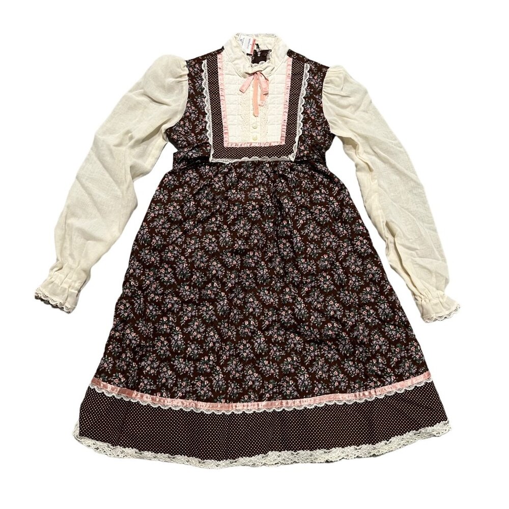 VTG Gunne Sax Juenes Filles Jessica Brown Pink Floral Prairie Lace Dress Girls 7